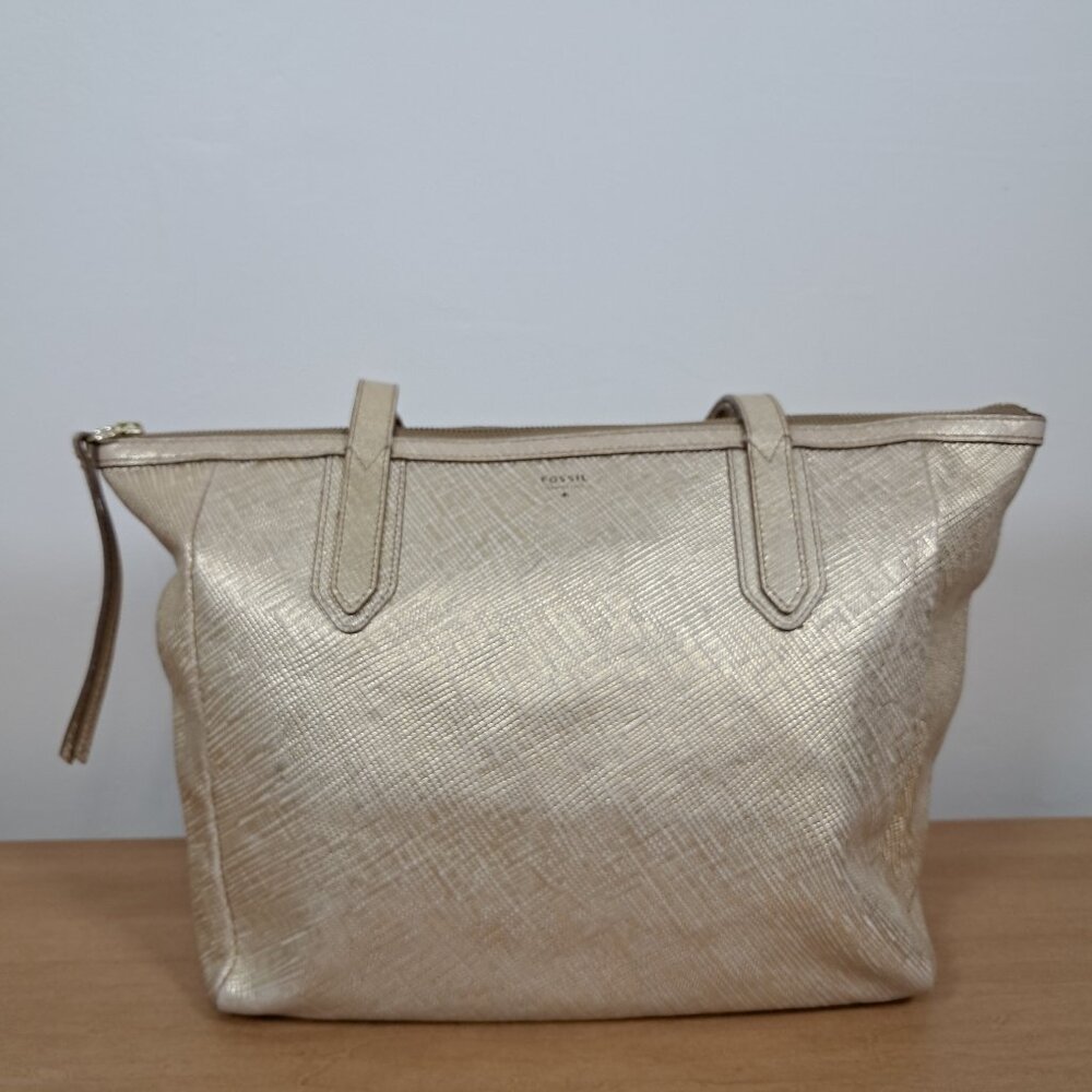 FOSSIL Sydney Large Gold Leather Tote Double Strap Textured Handbag Purse Clean